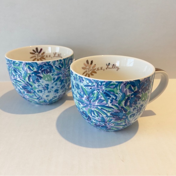 Lilly Pulitzer Coffee Tea Mugs “Lion Around" Blue Floral Gold Trim Cups Set 2 - Picture 5 of 8